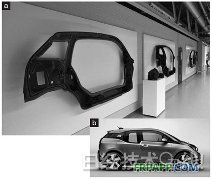 圖2：寶馬的純電動(dòng)汽車“i3” i3的上部骨架采用熱固化CFRP制造。（a）為主要部件的外觀。碳纖維的顏色為黑色。（b）為i3的外觀。在日本的價(jià)格為499萬(wàn)日元（含稅）起，充滿電后的續(xù)航距離為229km（JC08模式）。